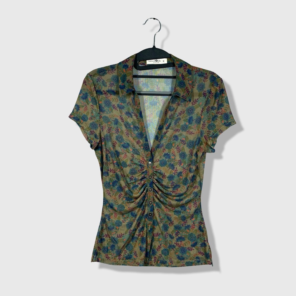 Natural Life Mesh Top Women Size M Green Floral Ruched Cottagecore Boho Y2K